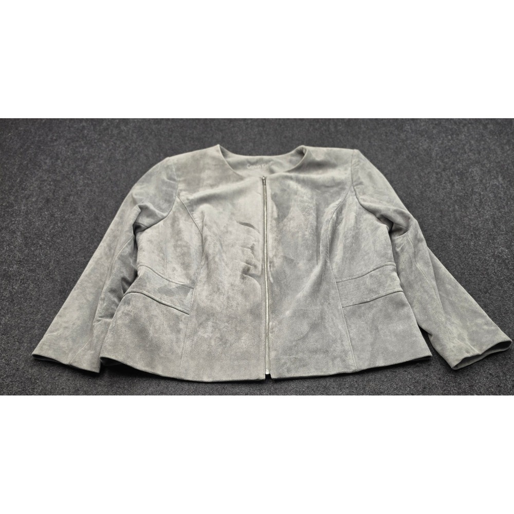 Calvin Klein Faux Suede Jacket Womens XL Grey Full Zip Collarless Minimalist